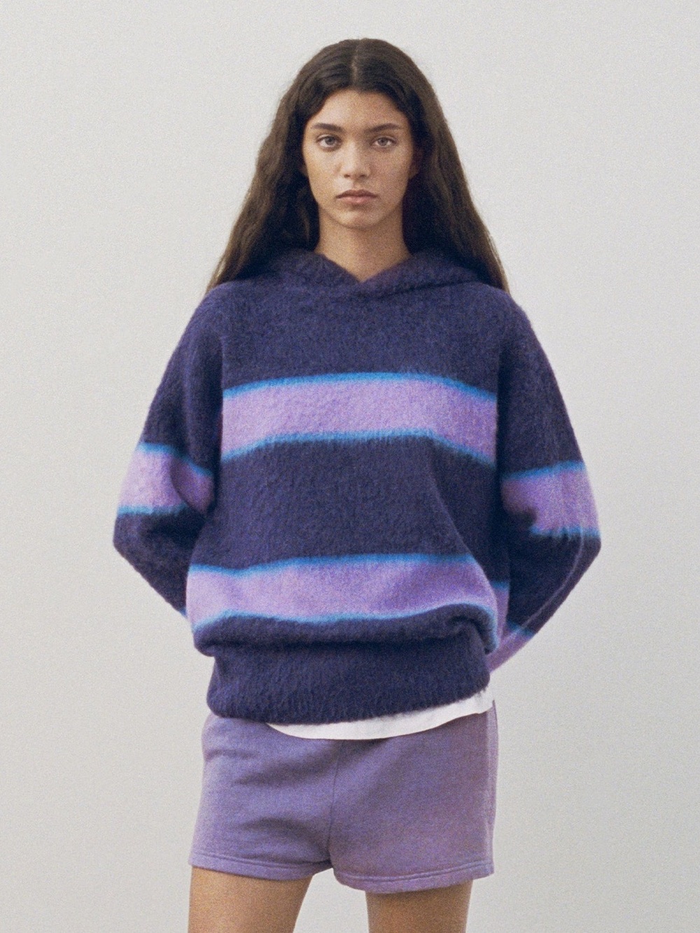 Madhappy Brushed Llama Striped Hooded Sweater in Purple, Lilac, and Blue